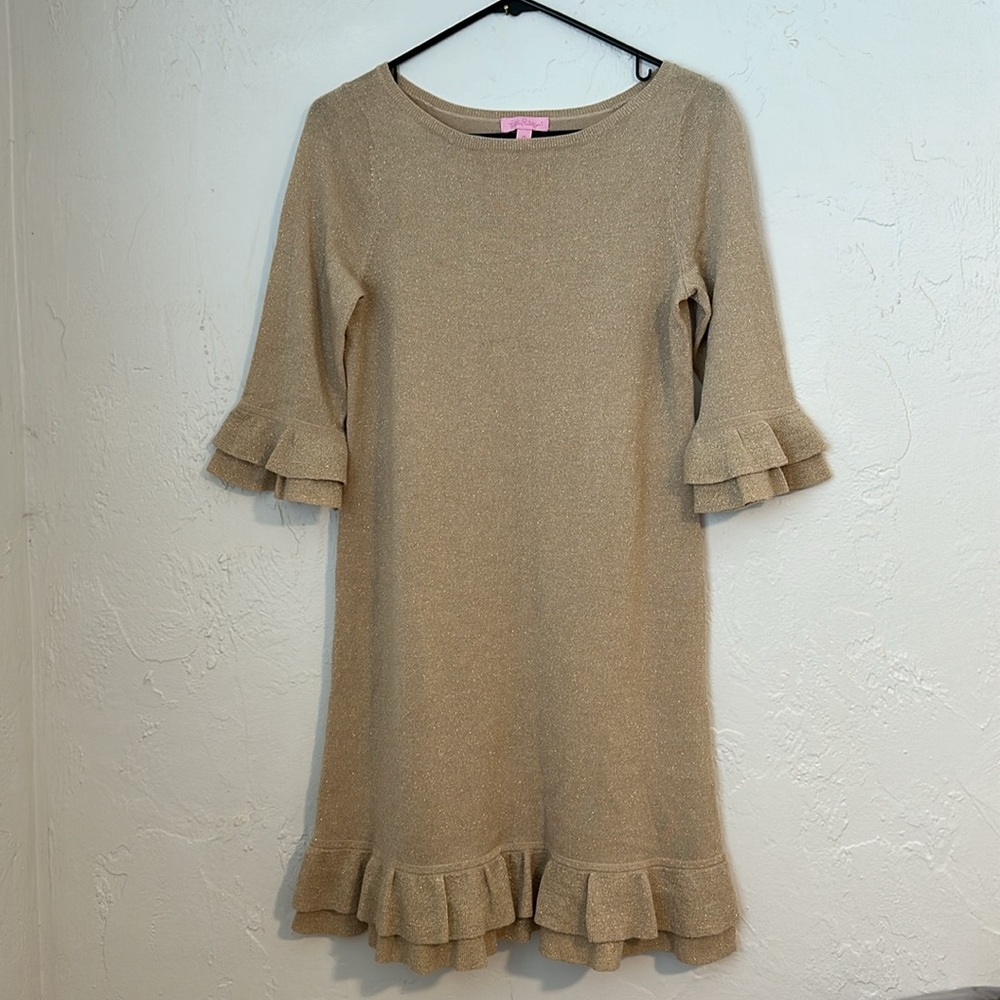 Lilly Pulitzer Helena Gold Merino Wool Blend Ruffle Sweater Dress Women Size M